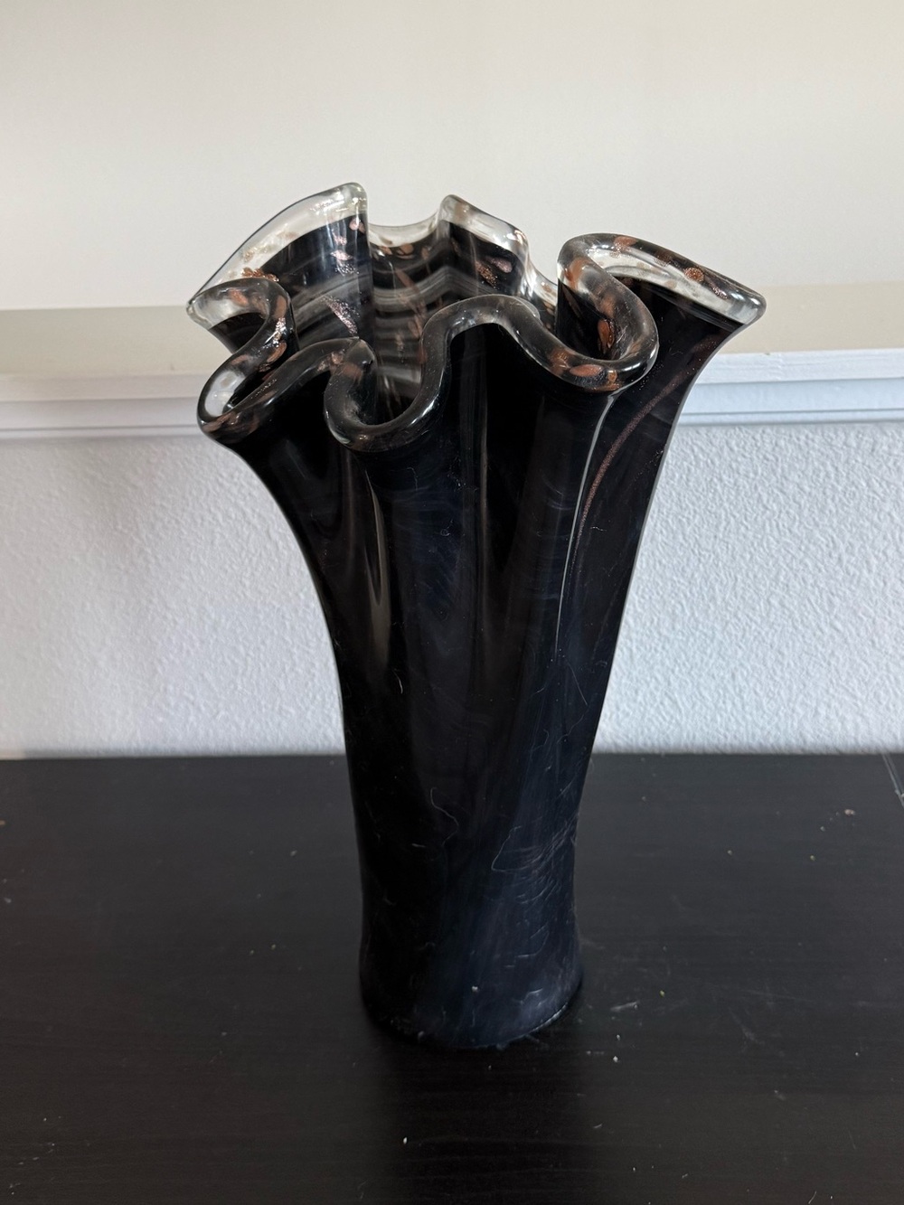 murano italy brown- Black Ruffled Glass Vase - Unbranded
